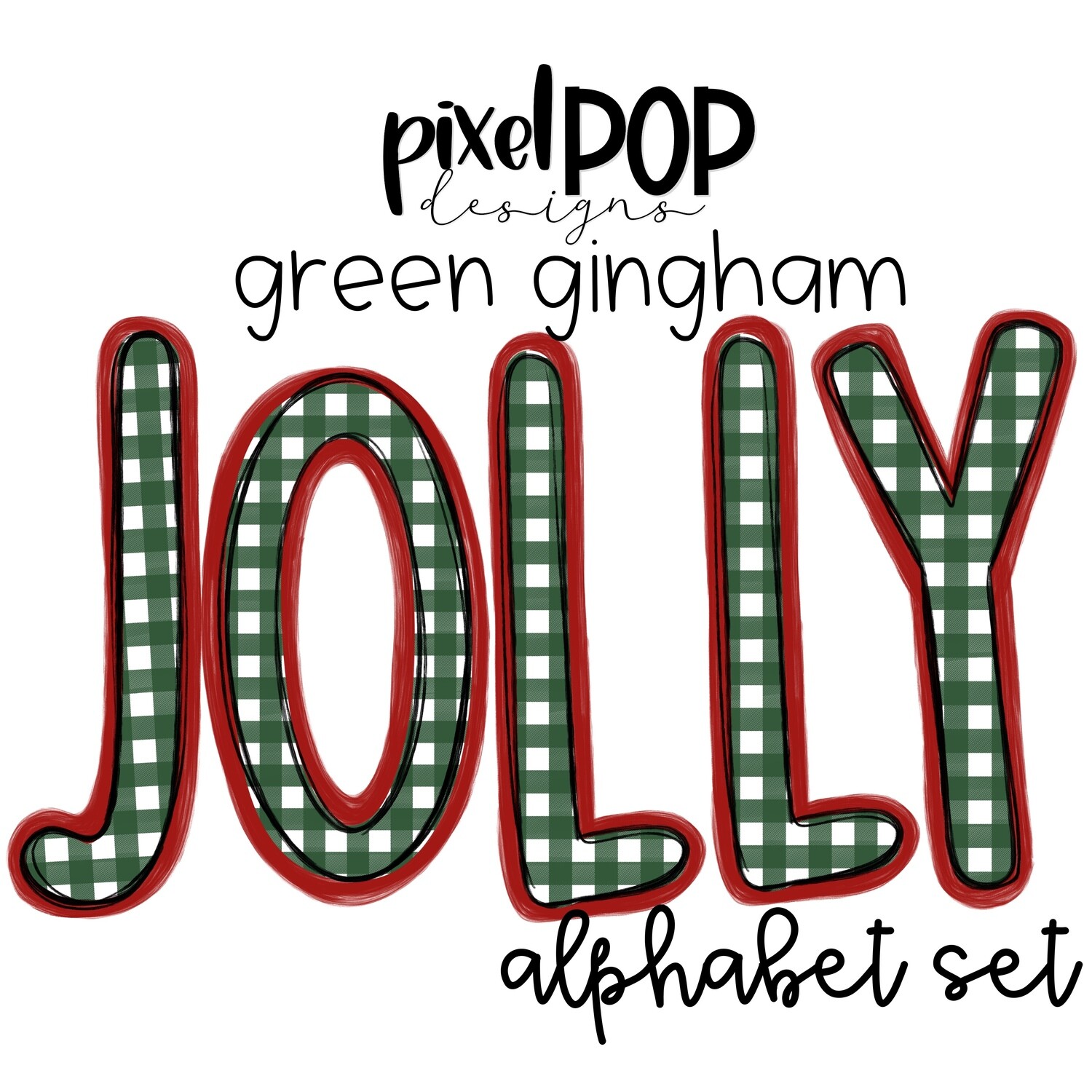 Jolly Green Gingham Alphabet Letter Set | Alphapack Font | Watercolor | PNG | Sublimation Doodle Letter | Font Set | Transfer Letters