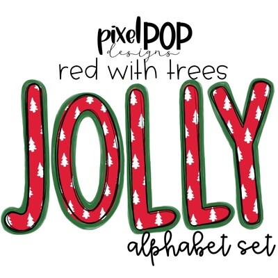 Jolly Red Trees Alphabet Letter Set | Alphapack Font | Watercolor | PNG | Sublimation Doodle Letter | Font Set | Transfer Letters