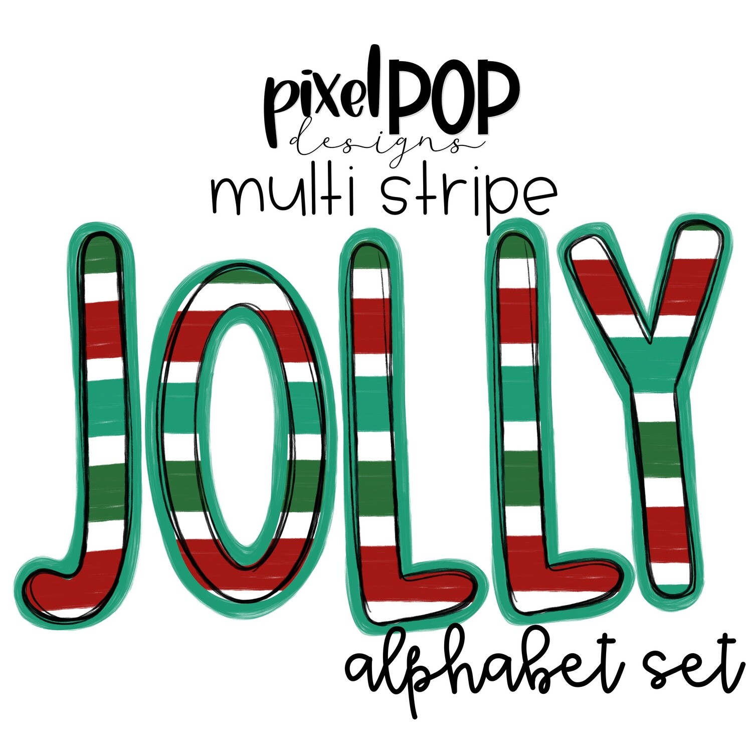 Jolly Multi Stripe Alphabet Letter Set | Alphapack Font | Watercolor | PNG | Sublimation Doodle Letter | Font Set | Transfer Letters