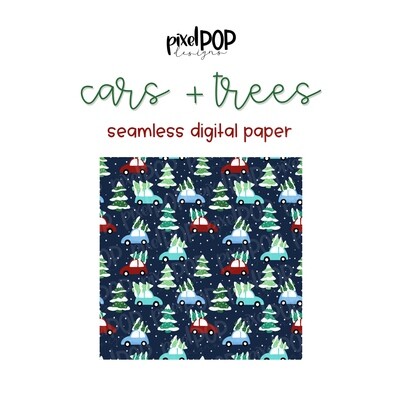 Cars and Trees Winter Seamless Digital Paper PNG | Christmas Paper | Hand Painted | Sublimation | Digital Download | Digital Scrapbooking