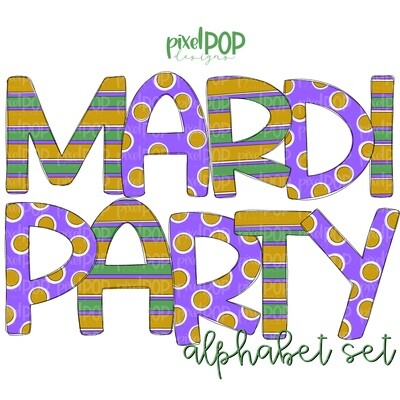 Mardi Party Alphabet Letter Set | Mardi Gras Alphapack Font | Watercolor | PNG | Sublimation Doodle Letter | Font Set | Transfer Letters