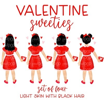 Valentine Sweeties Fair Skin Black Hair Girl Figures PNG | Valentines Day | Family Ornament | Family Portrait | Digital Portrait | Art