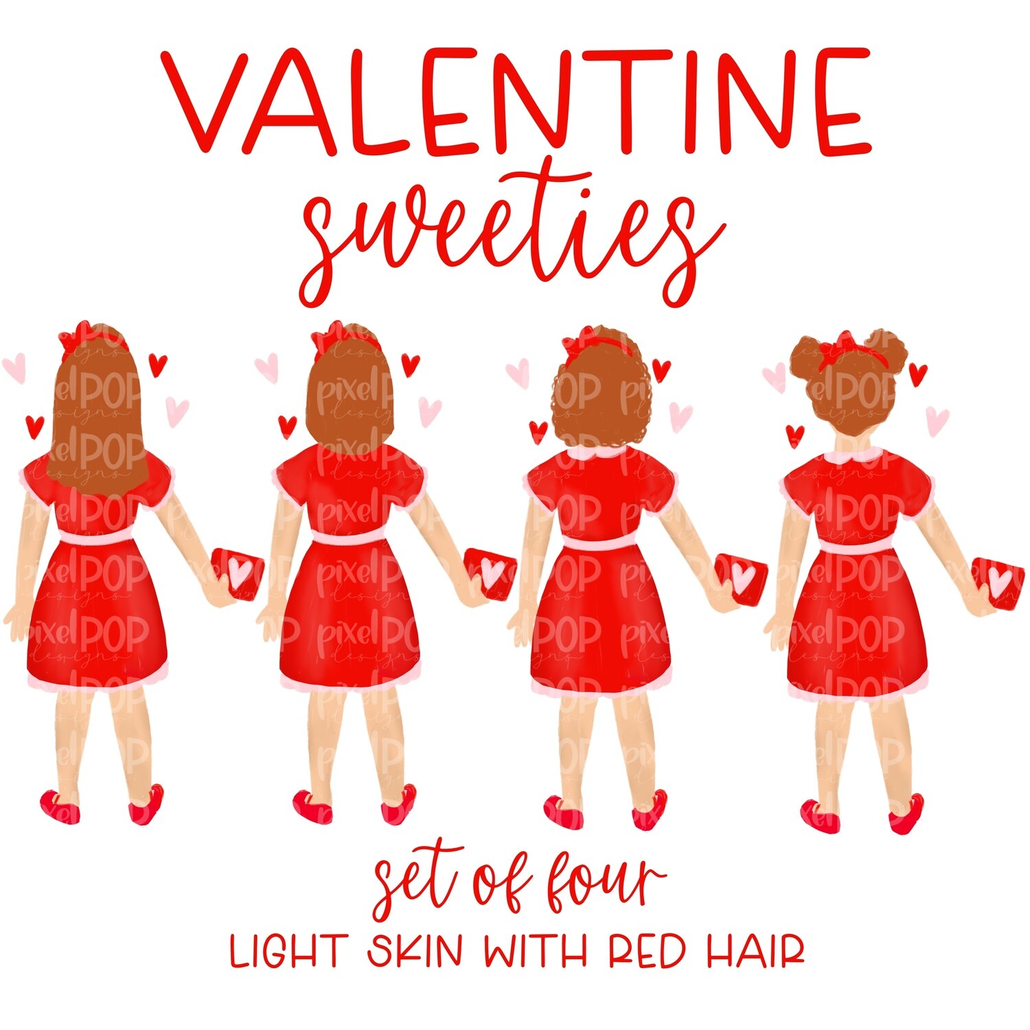 Valentine Sweeties Light Skin Red Hair Girl Figures PNG | Valentines Day | Family Ornament | Family Portrait | Digital Portrait | Art