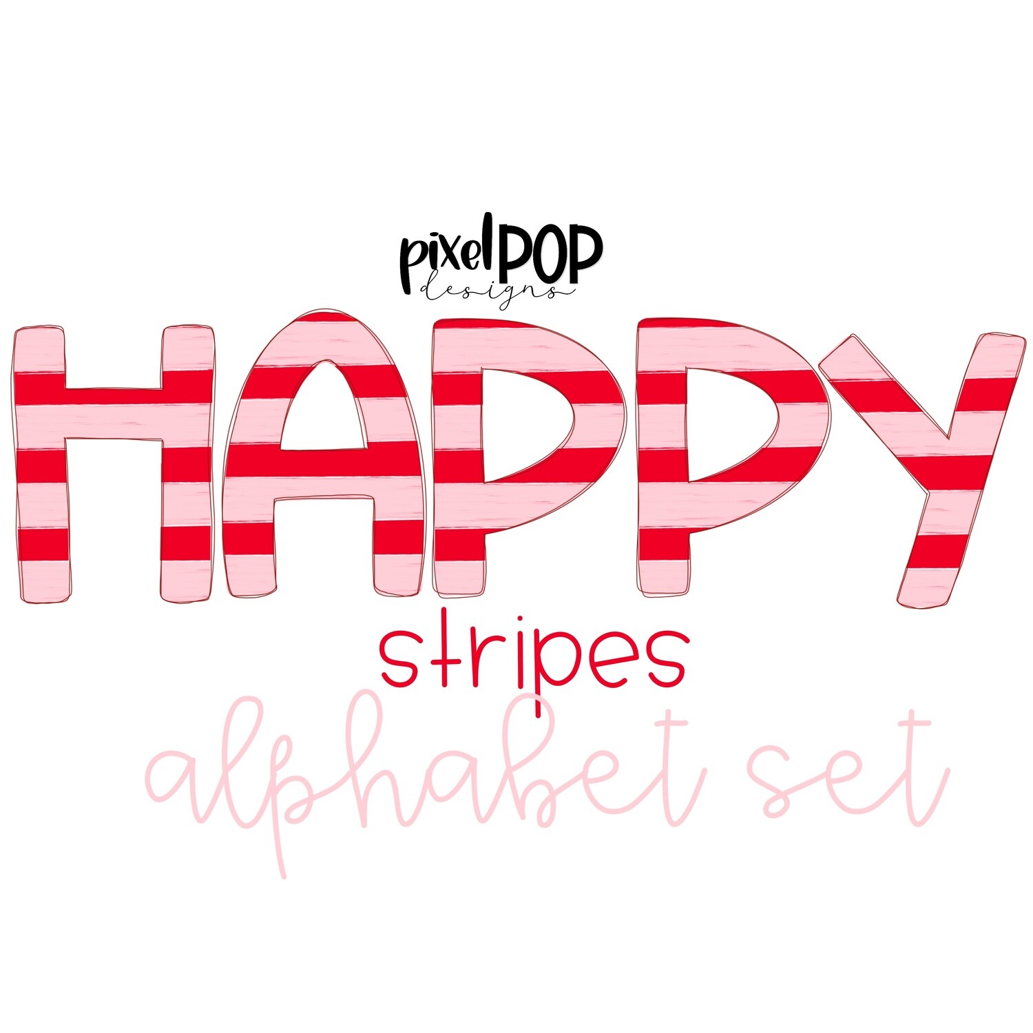 Happy Red and Pink Stripe Alphabet Letter Set | Alphapack Font | Watercolor | PNG | Sublimation Doodle Letter | Font Set | Transfer Letters