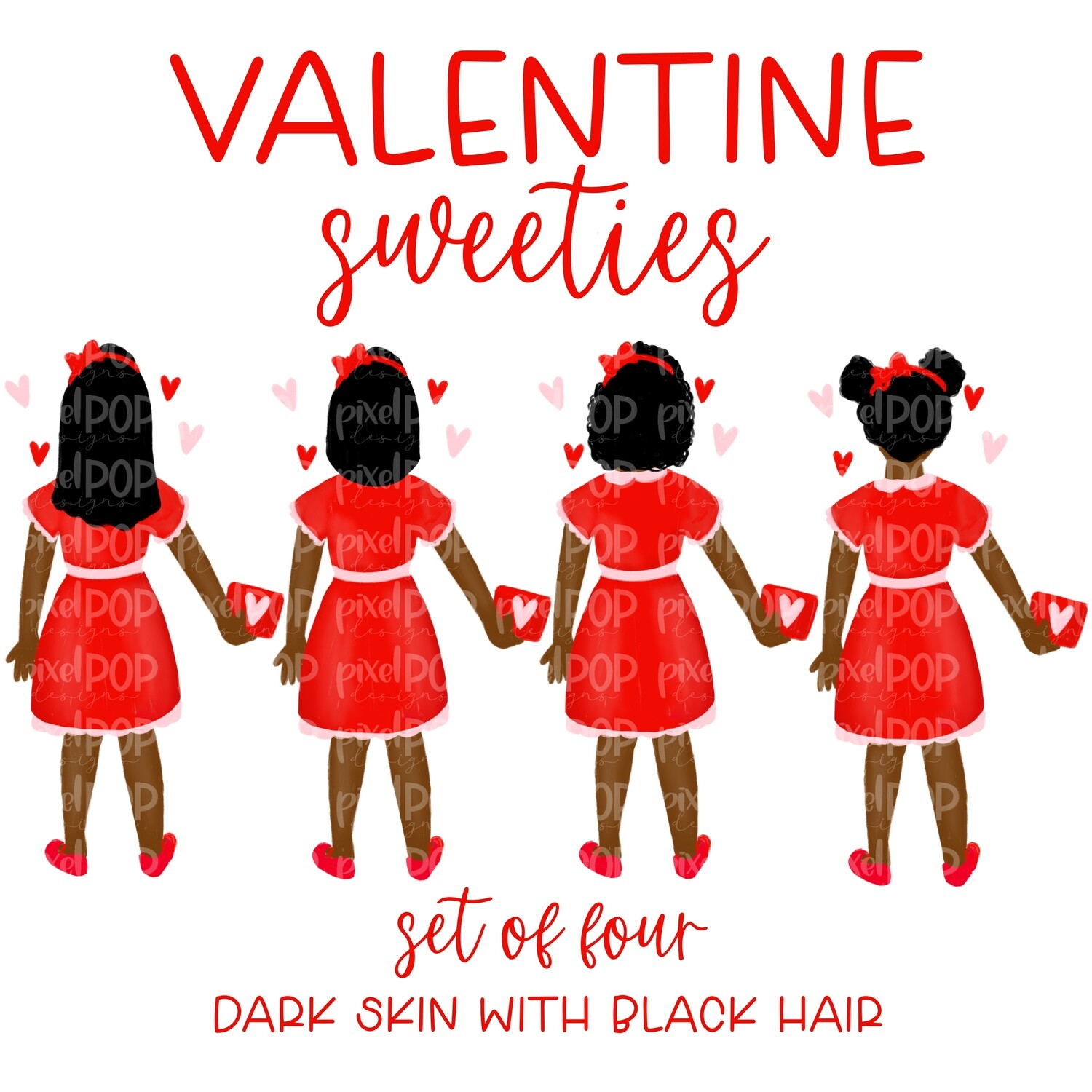 Valentine Sweeties Dark Skin Black Hair Girl Figures PNG | Valentines Day | Family Ornament | Family Portrait | Digital Portrait | Art