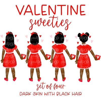 Valentine Sweeties Dark Skin Black Hair Girl Figures PNG | Valentines Day | Family Ornament | Family Portrait | Digital Portrait | Art