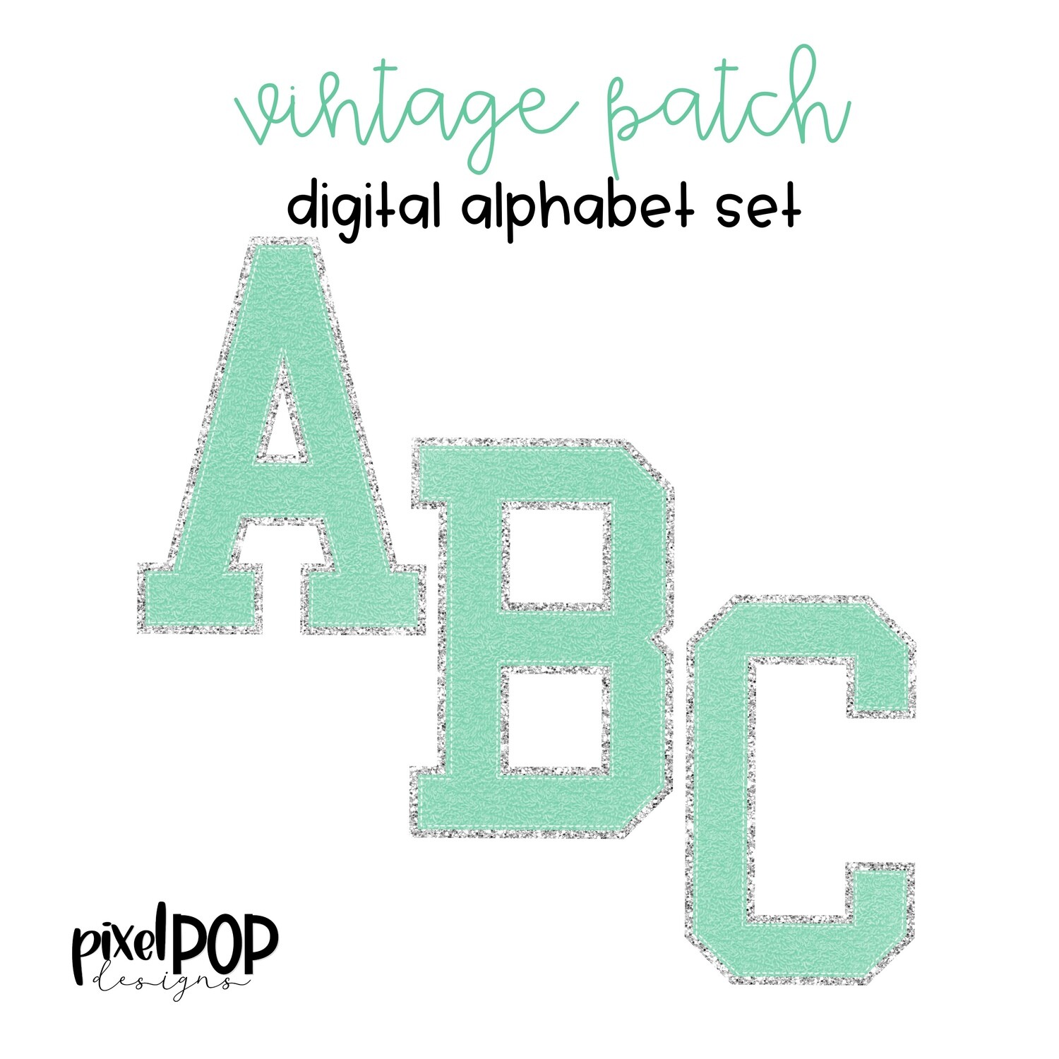 Vintage Patch Digital Alphabet PNG Letter Set Mint & Silver | Alphapack | Digital Alphabet | Font Set | Letterman Varsity Patch Image
