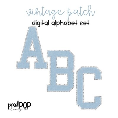 Vintage Patch Digital Alphabet PNG Letter Set Lt Blue & Silver | Alphapack | Digital Alphabet | Font Set | Letterman Varsity Patch Image
