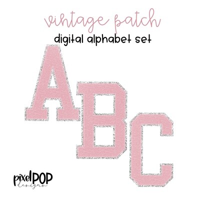 Vintage Patch Digital Alphabet PNG Letter Set Lt Pink & Silver | Alphapack | Digital Alphabet | Font Set | Letterman Varsity Patch Image
