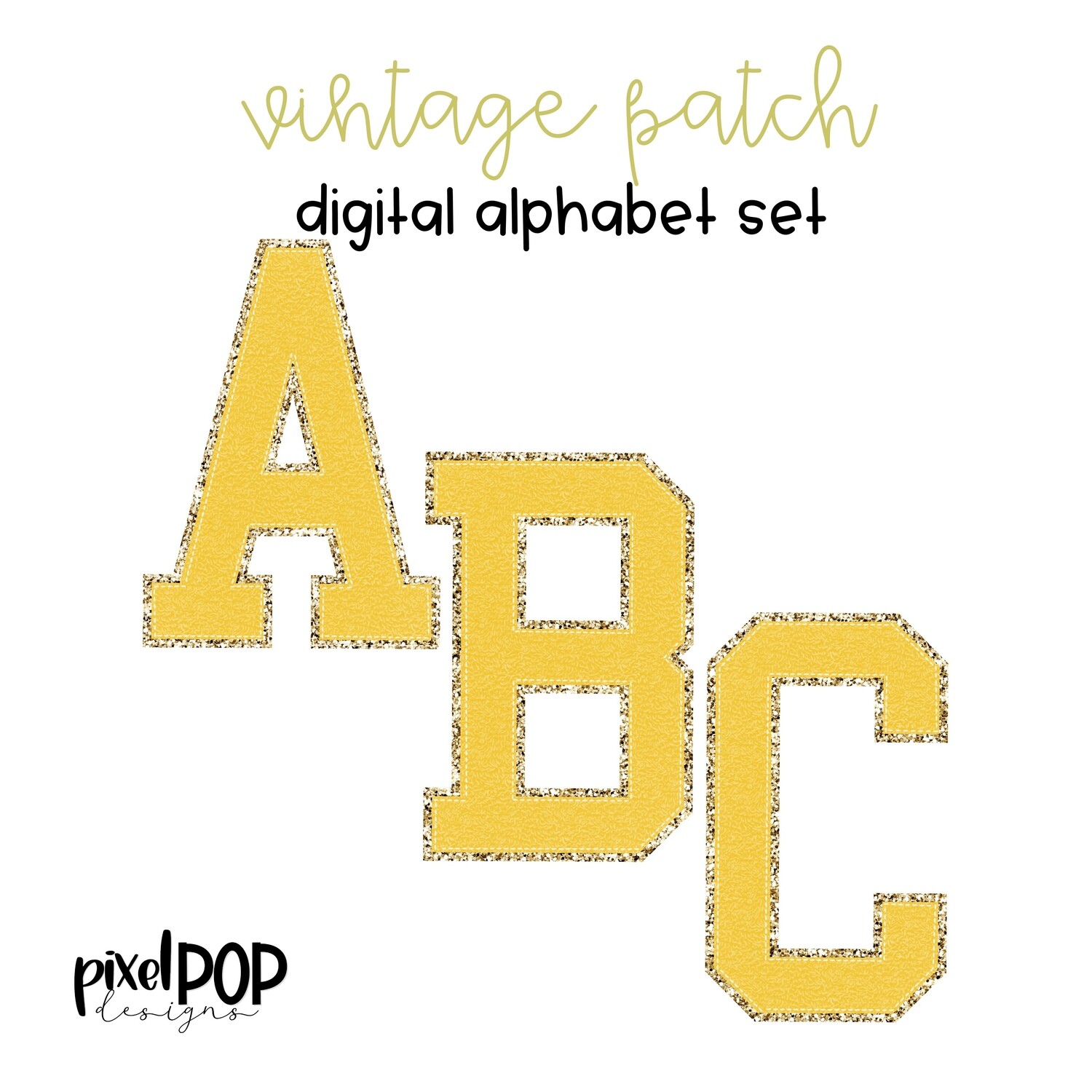 Vintage Patch Digital Alphabet PNG Letter Set Yellow & Gold | Alphapack | Digital Alphabet | Font Set | Letterman Varsity Patch Image