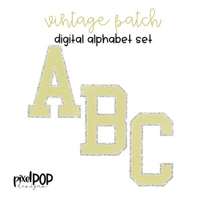 Vintage Patch Digital Alphabet PNG Letter Set Lt Yellow & Silver | Alphapack | Digital Alphabet | Font Set | Letterman Varsity Patch Image