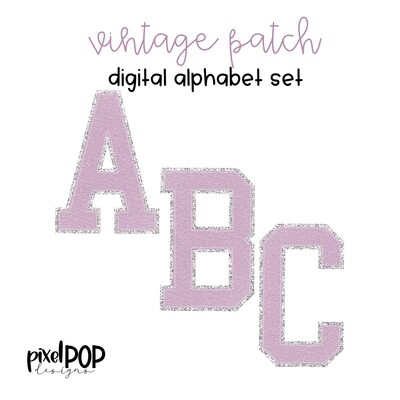 Vintage Patch Digital Alphabet PNG Letter Set Lavender & Silver | Alphapack | Digital Alphabet | Font Set | Letterman Varsity Patch Image