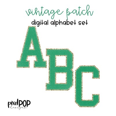 Vintage Patch Digital Alphabet PNG Letter Set Green & Gold | Alphapack | Digital Alphabet | Font Set | Letterman Varsity Patch Image