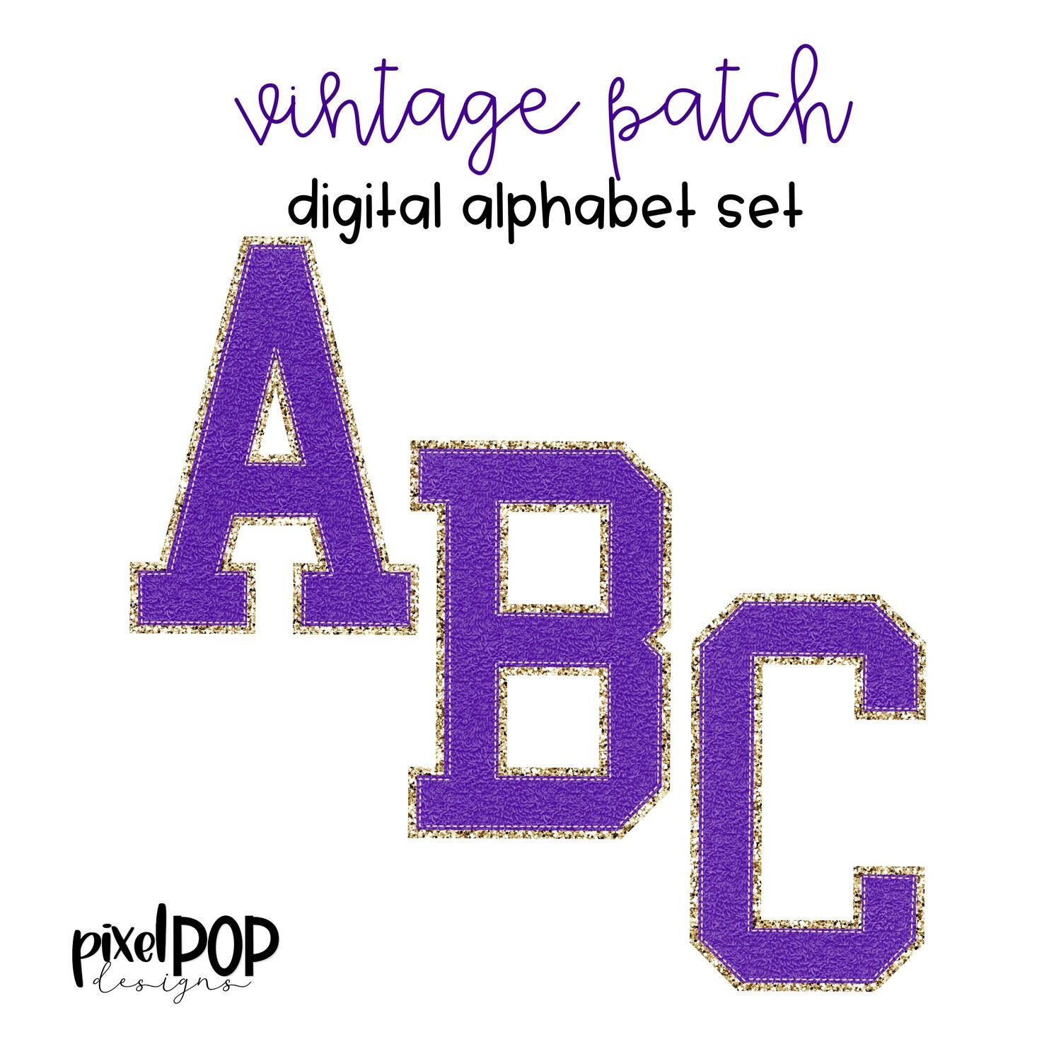 Vintage Patch Digital Alphabet PNG Letter Set Purple & Gold | Alphapack | Digital Alphabet | Font Set | Letterman Varsity Patch Image
