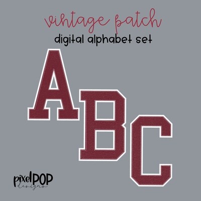 Vintage Patch Digital Alphabet PNG Letter Set Crimson Maroon and White | Alphapack | Digital Alphabet | Font | Letterman Varsity Patch