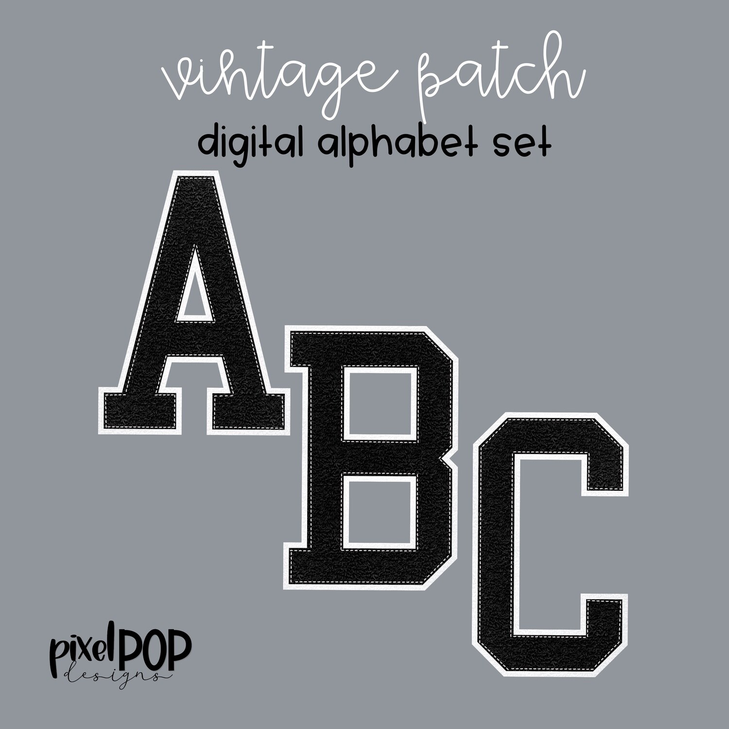 Vintage Patch Digital Alphabet PNG Letter Set Black and White | Alphapack | Digital Alphabet | Font | Letterman Varsity Patch