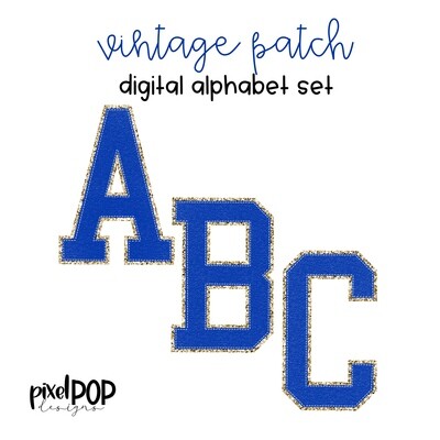 Vintage Patch Digital Alphabet PNG Letter Set Blue and Gold Glitter | Alphapack | Digital Alphabet | Font | Letterman Varsity Patch
