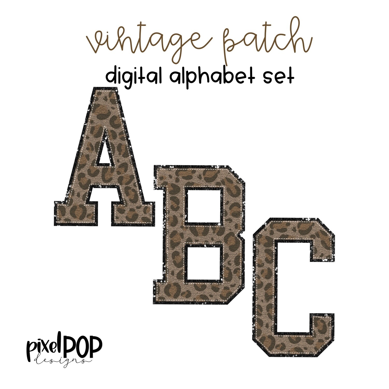 Vintage Patch Digital Alphabet PNG Letter Set Leopard & Black Glitter | Alphapack | Digital Alphabet | Font Set | Letterman Varsity Patch