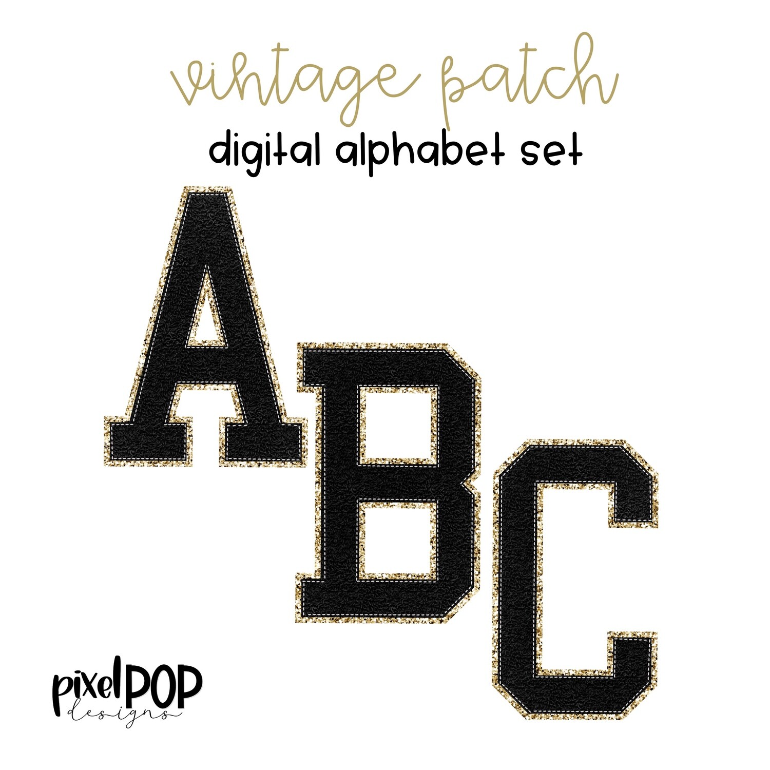 Vintage Patch Digital Alphabet PNG Letter Set Black and Gold Glitter | Alphapack | Digital Alphabet | Font | Letterman Varsity Patch