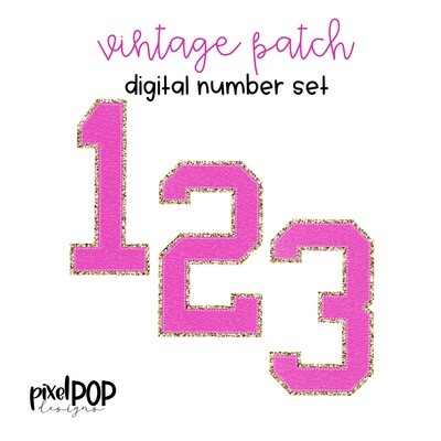 Vintage Patch Digital Numbers PNG Set Bright Pink and Gold Glitter | Alphapack | Digital Alphabet | Font Set | Letterman Varsity Patch