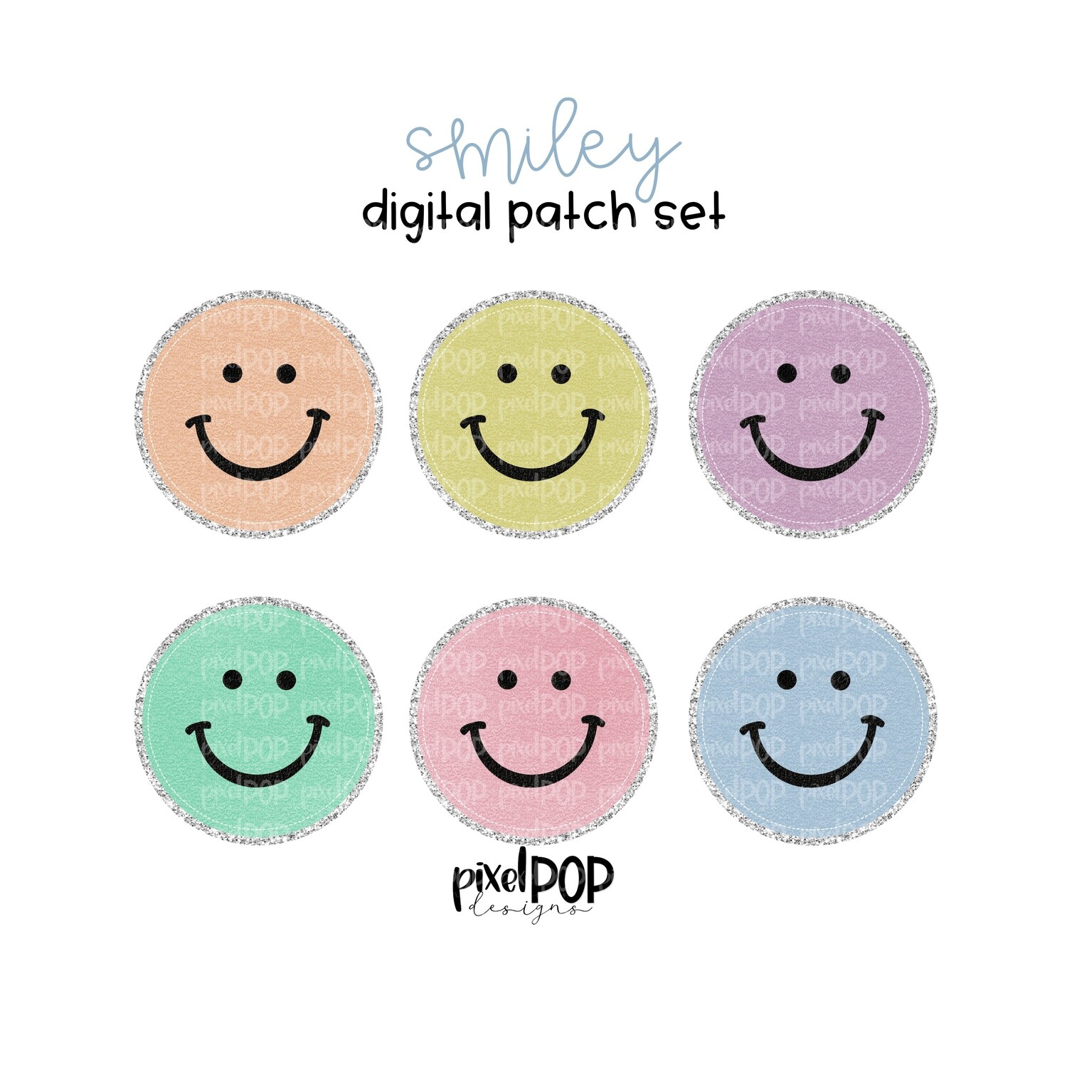 Vintage Patch Pastel Smiley Faces PNG Set with Glitter Backing | Chenille Smiley Face | Digital Patch | Font Set | Letterman Varsity Patch
