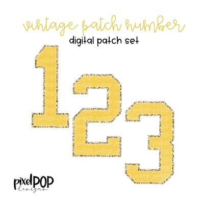 Vintage Patch Digital Numbers PNG Set Yellow and Gold Glitter | Alphapack | Digital Alphabet | Font Set | Letterman Varsity Patch
