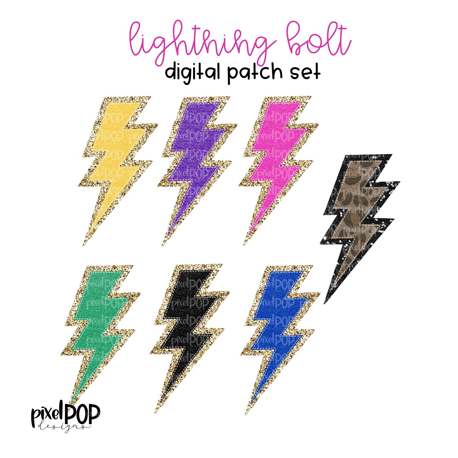 Vintage Patch Bold Lightning Bolts PNG Set with Glitter Backing | Chenille Lightning Bolt Patch | Digital Patch | Letterman Varsity Patch