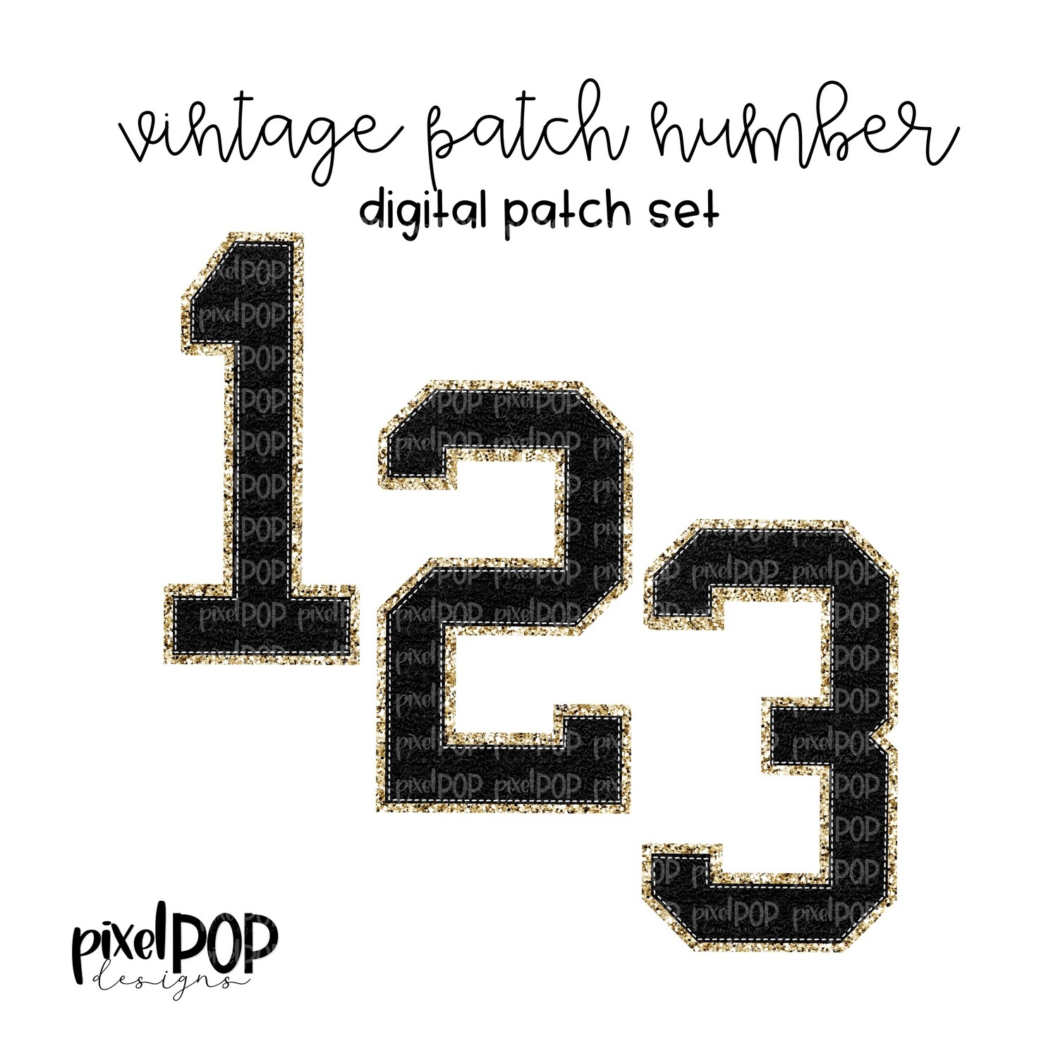 Vintage Patch Digital Numbers PNG Set Black and Gold Glitter | Alphapack | Digital Alphabet | Font Set | Letterman Varsity Patch