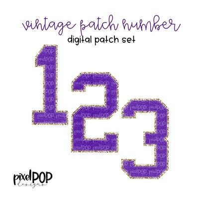 Vintage Patch Digital Numbers PNG Set Purple and Gold Glitter | Alphapack | Digital Alphabet | Font Set | Letterman Varsity Patch