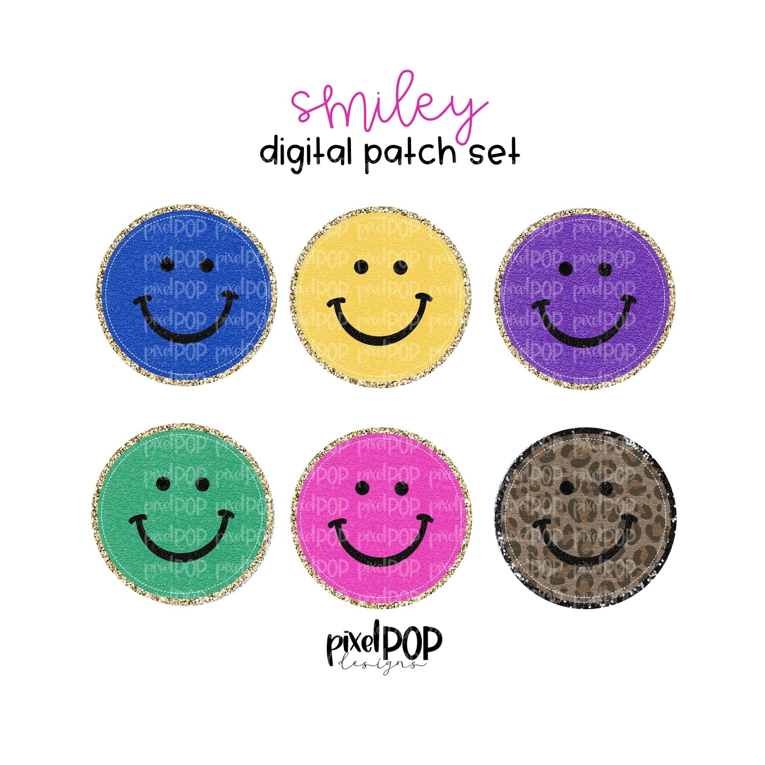 Vintage Patch Bold Smiley Faces PNG Set with Glitter Backing | Chenille Smiley Face | Digital Patch | Font Set | Letterman Varsity Patch