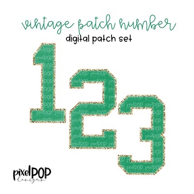 Vintage Patch Digital Numbers PNG Set Green and Gold Glitter | Alphapack | Digital Alphabet | Font Set | Letterman Varsity Patch