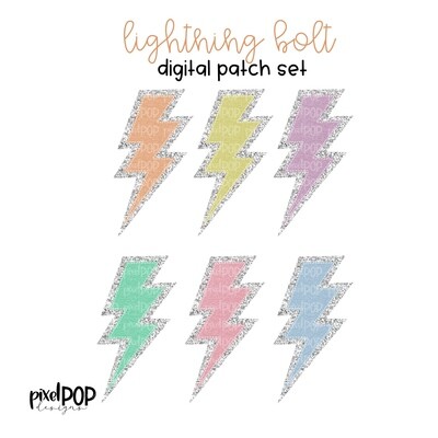 Vintage Patch Pastel Lightning Bolts PNG Set with Glitter Backing | Chenille Lightning Bolt Patch | Digital Patch | Letterman Varsity Patch