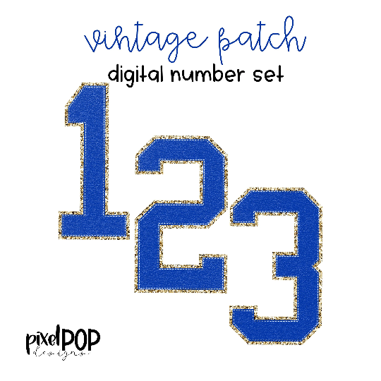 Vintage Patch Digital Numbers PNG Set Blue and Gold Glitter | Alphapack | Digital Alphabet | Font Set | Letterman Varsity Patch