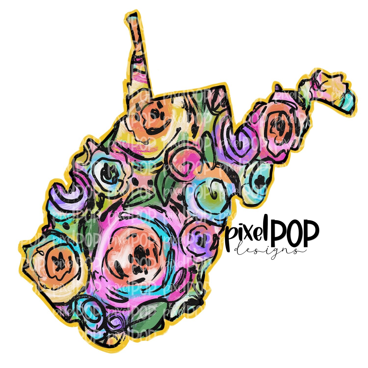 State of West Virginia Shape on Floral Acrylic Canvas Digital PNG | West Virginia | Home State | Heat Transfer | Digital | Floral State Shape