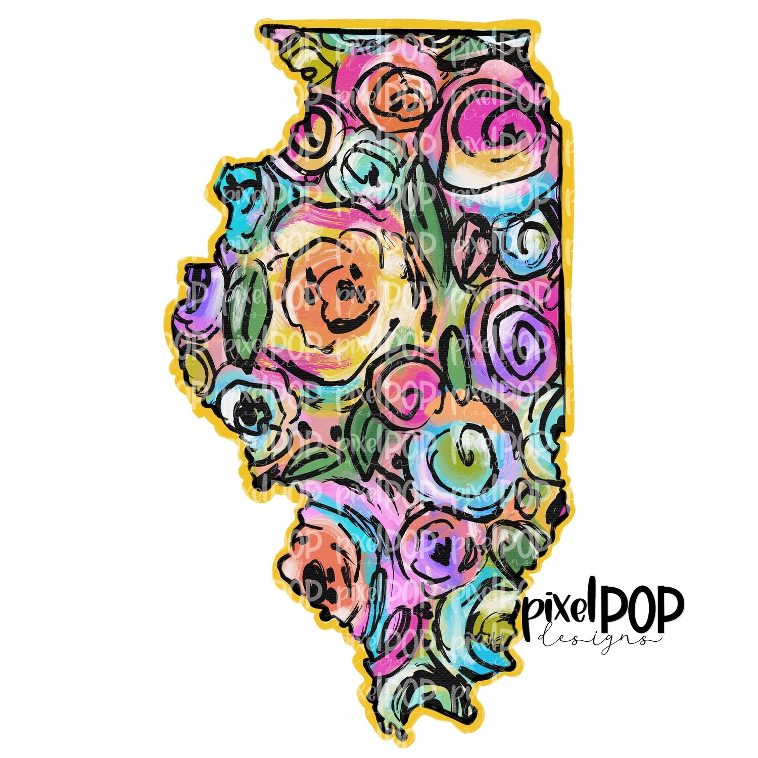 State of Illinois Shape on Floral Acrylic Canvas Digital PNG | Illinois | Home State | Heat Transfer | Digital | Floral State Shape