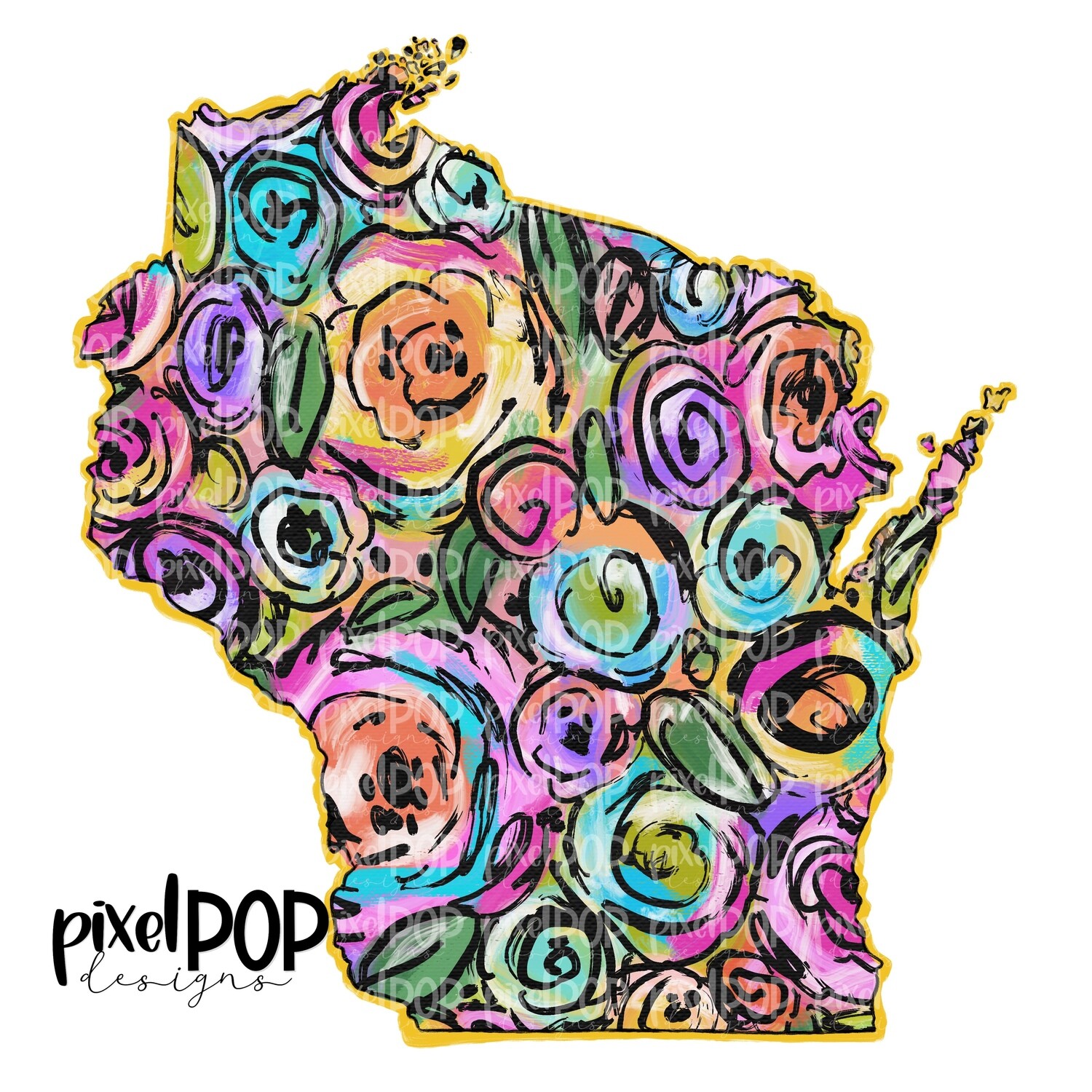 State of Wisconsin Shape on Floral Acrylic Canvas Digital PNG | Wisconsin WI | Home State | Heat Transfer | Digital | Floral State Shape
