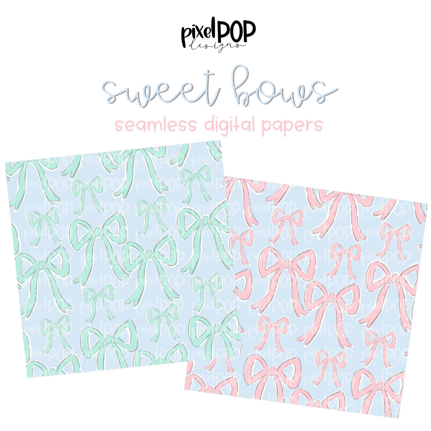 Sweet Bows Seamless Digital Paper Set of Two PNG | Bows | Hand Painted | Digital Download | Digital Scrapbooking