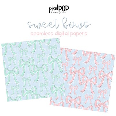 Sweet Bows Seamless Digital Paper Set of Two PNG | Bows | Hand Painted | Digital Download | Digital Scrapbooking