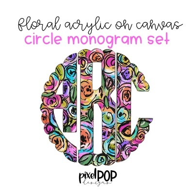 Floral in Acrylic Scalloped Circle Monogram Set | Digital Monogram Font | Hand Painted | PNG | Sublimation Doodle Letter | Transfer Letters