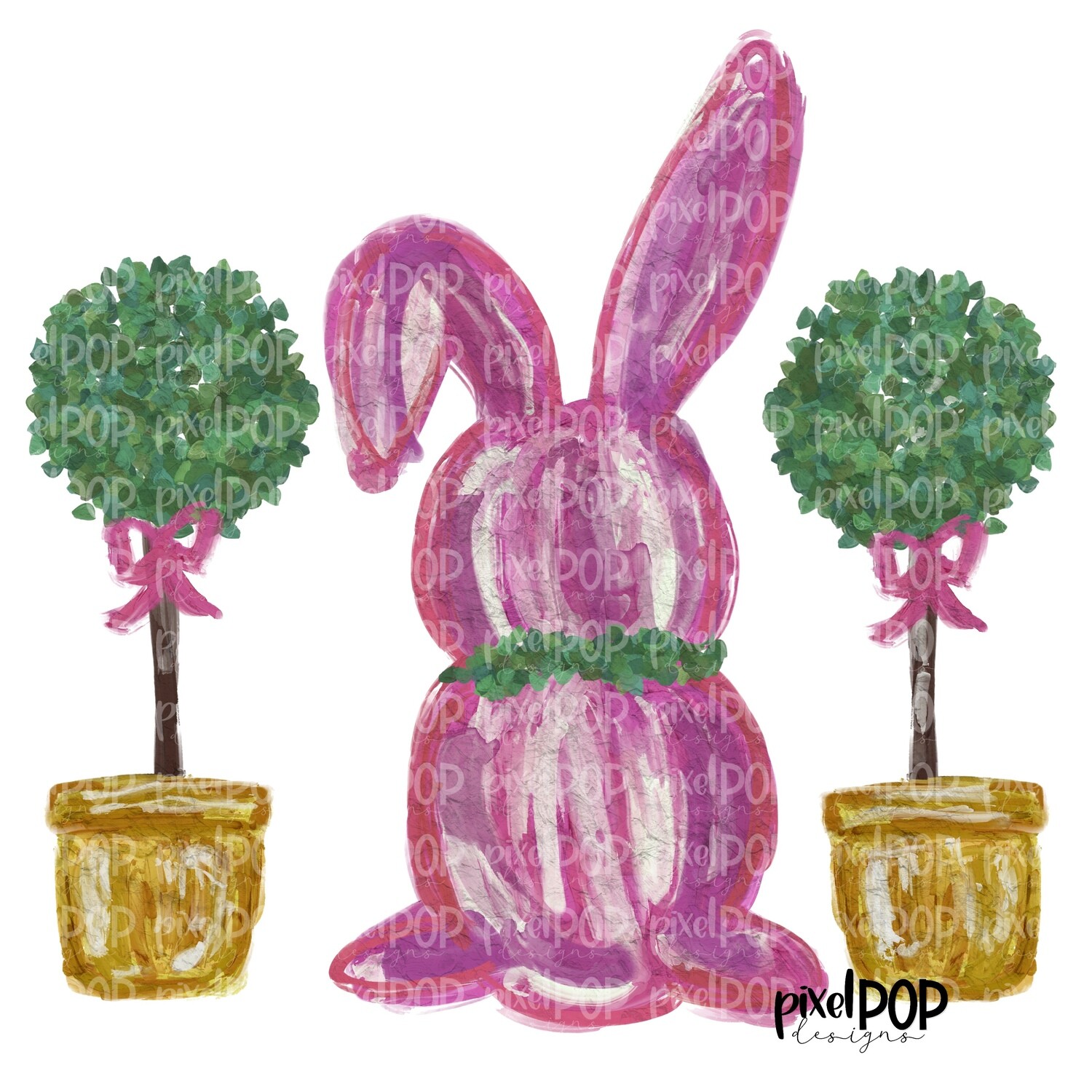 Painted Bunny with Topiaries Pink PNG | Easter Design | Bunny PNG | Heat Transfer PNG | Digital Download | Printable Art | Clip Art