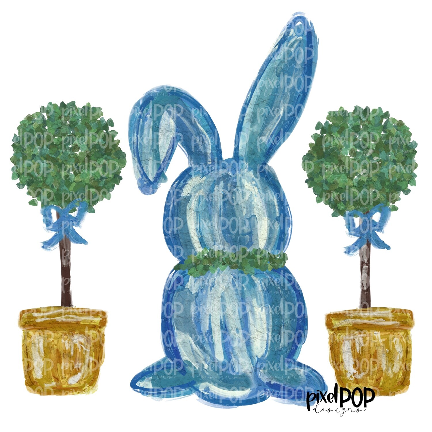 Painted Bunny with Topiaries Blue PNG | Easter Design | Bunny PNG | Heat Transfer PNG | Digital Download | Printable Art | Clip Art