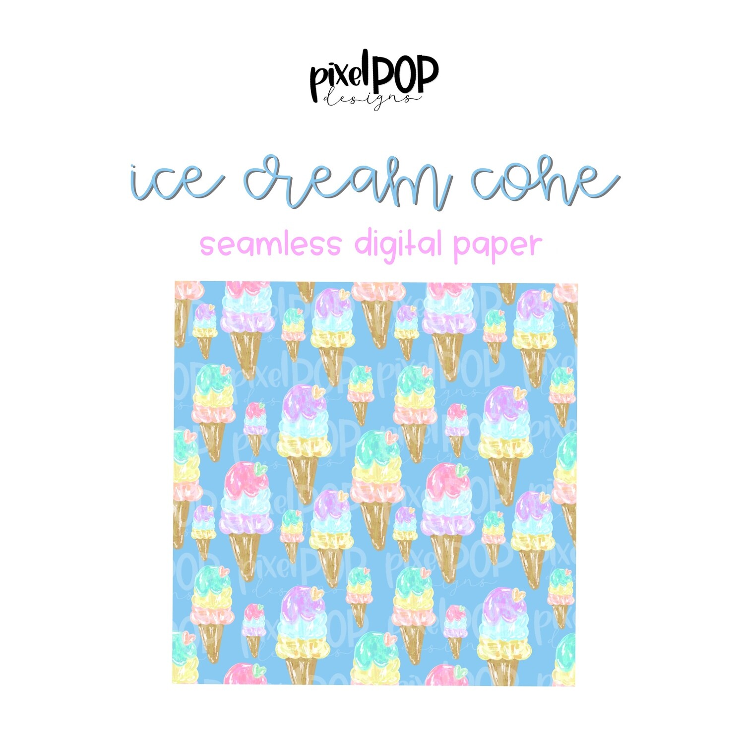 Ice Cream Cones Seamless Digital Paper PNG | Floral Art | Hand Painted | Sublimation | Digital Download | Digital Scrapbooking Paper
