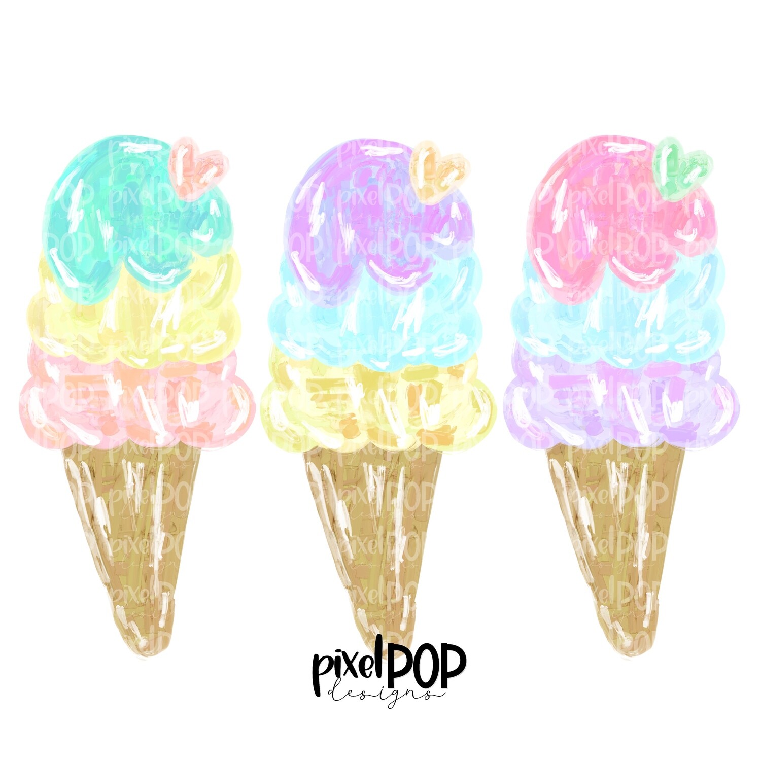 Ice Cream Cone Trio Pastel PNG | Ice Cream | Sublimation Design | Hand Painted Digital Art | Digital Download | Printable | Clip Art