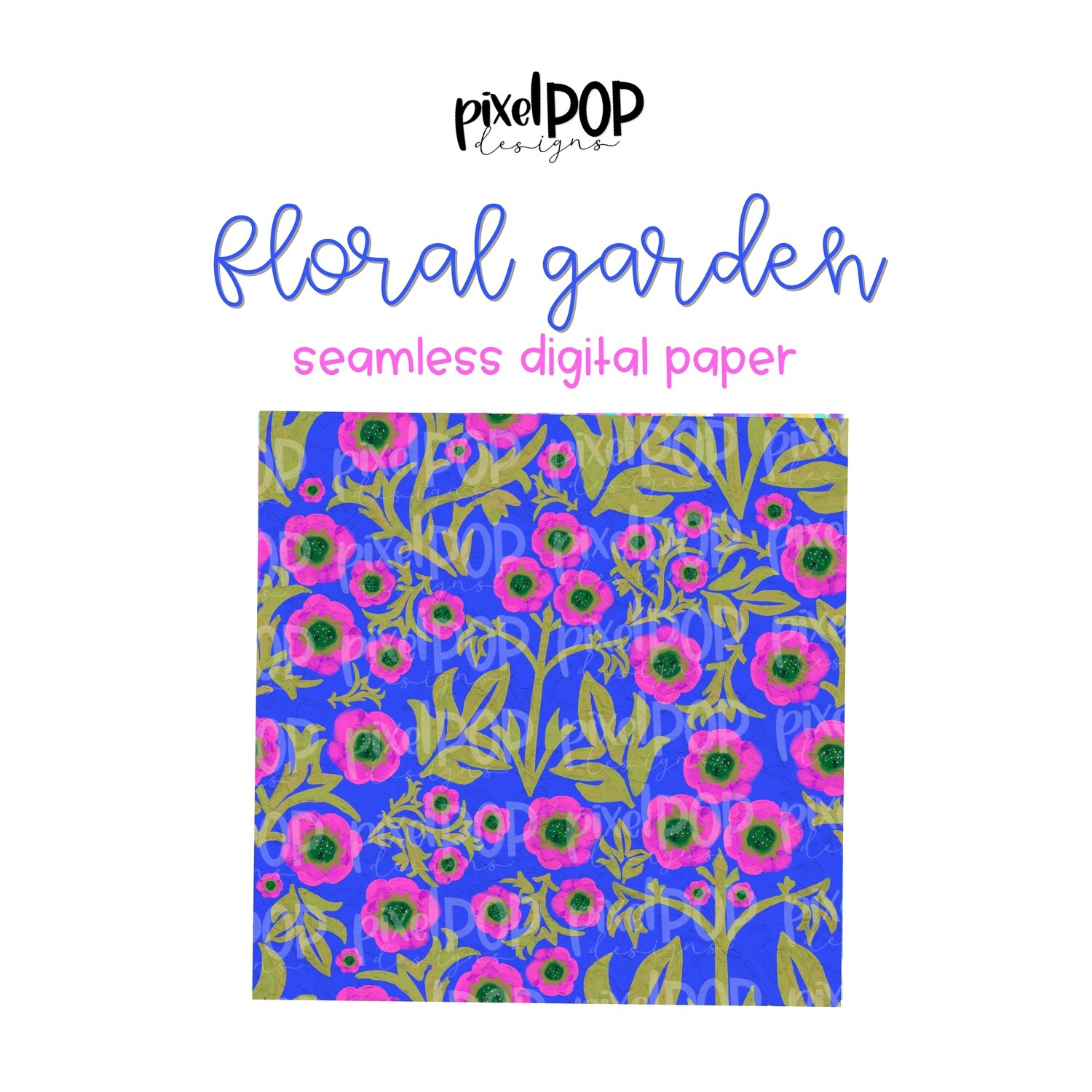 Floral Garden in Blue Seamless Digital Paper PNG | Floral Art | Hand Painted | Sublimation | Digital Download | Digital Scrapbooking Paper