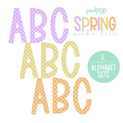 Spring Polka Dot Alphabet Letter Set | Alphapack Font | Watercolor | PNG | Sublimation Doodle Letter | Font Set | Transfer Letters