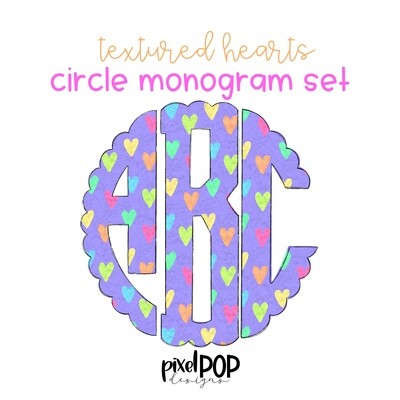 Textured Hearts Scalloped Circle Monogram Set | Digital Monogram Font | Hand Painted | PNG | Sublimation Doodle Letter | Transfer Letters