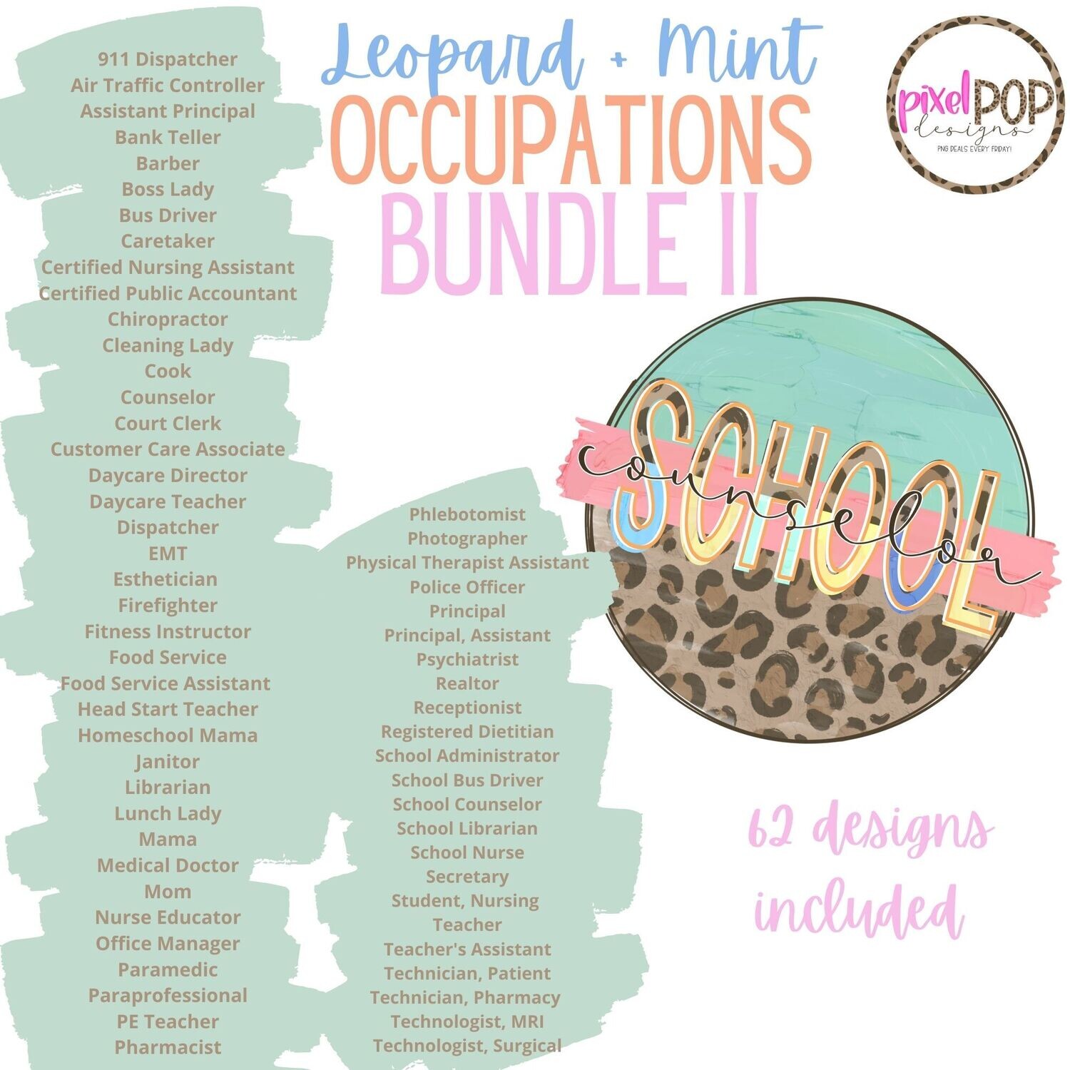 Leopard + Mint Occupations Bundle II - 62 Designs