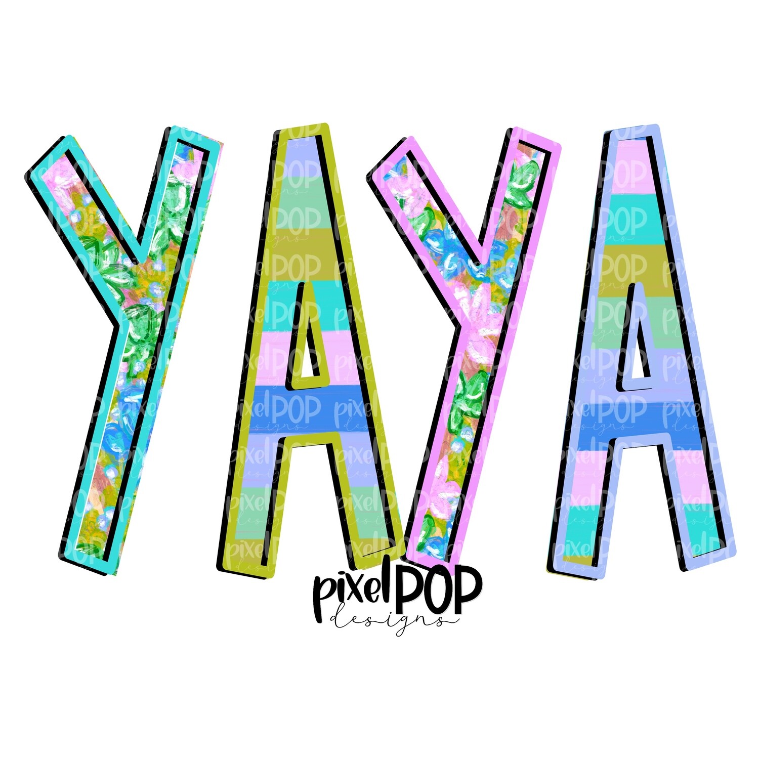Yaya Floral and Stripe Design PNG | Yaya Art | Yaya Design | Hand Drawn PNG | Sublimation PNG | Digital Download | Mother's Day | Art