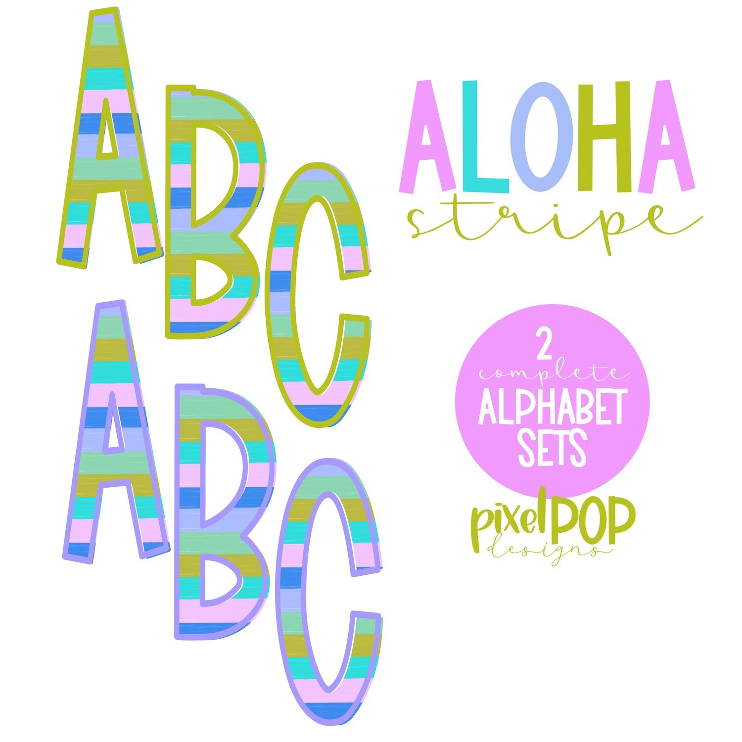 Aloha Garden Stripe Alphabet Letter Set | Alphapack Font | Watercolor | PNG | Sublimation Doodle Letter | Font Set | Transfer Letters