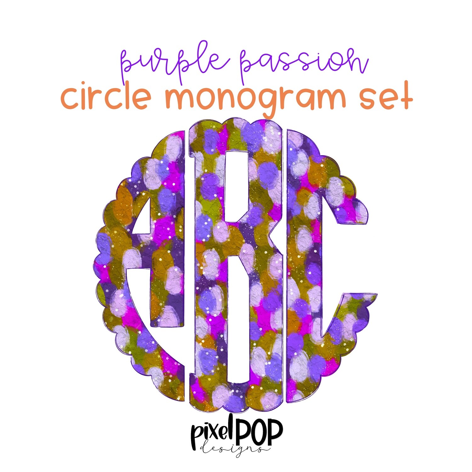 Purple Passion Scalloped Circle Monogram Set | Digital Monogram Font | Hand Painted | PNG | Sublimation Doodle Letter | Transfer Letters